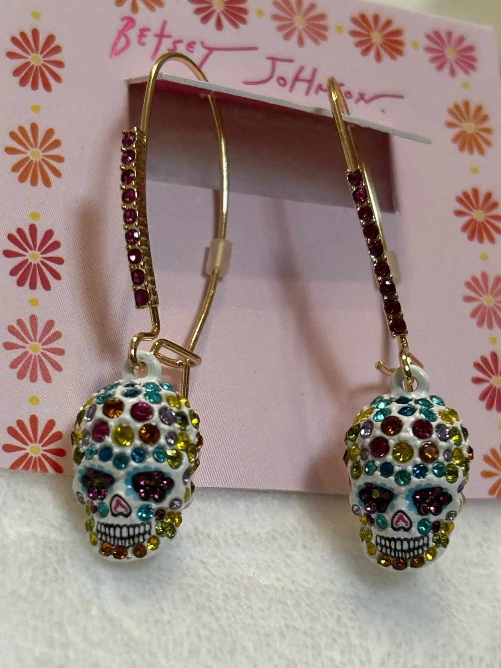 Betsey Johnson Sugar Skull Crystal Drop Hoop Earrings NWT